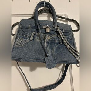 Denim Tote Bag with Chain Accent - Blue